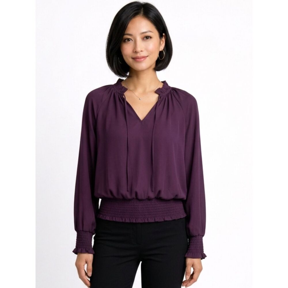 Worthington Deep Purple Split Ruffle Neck Elastic Smocking Raglan Blouse Size S